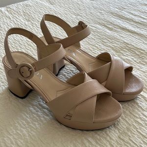 PRADA • Vernice Crisscross Platform Sandals • Nude